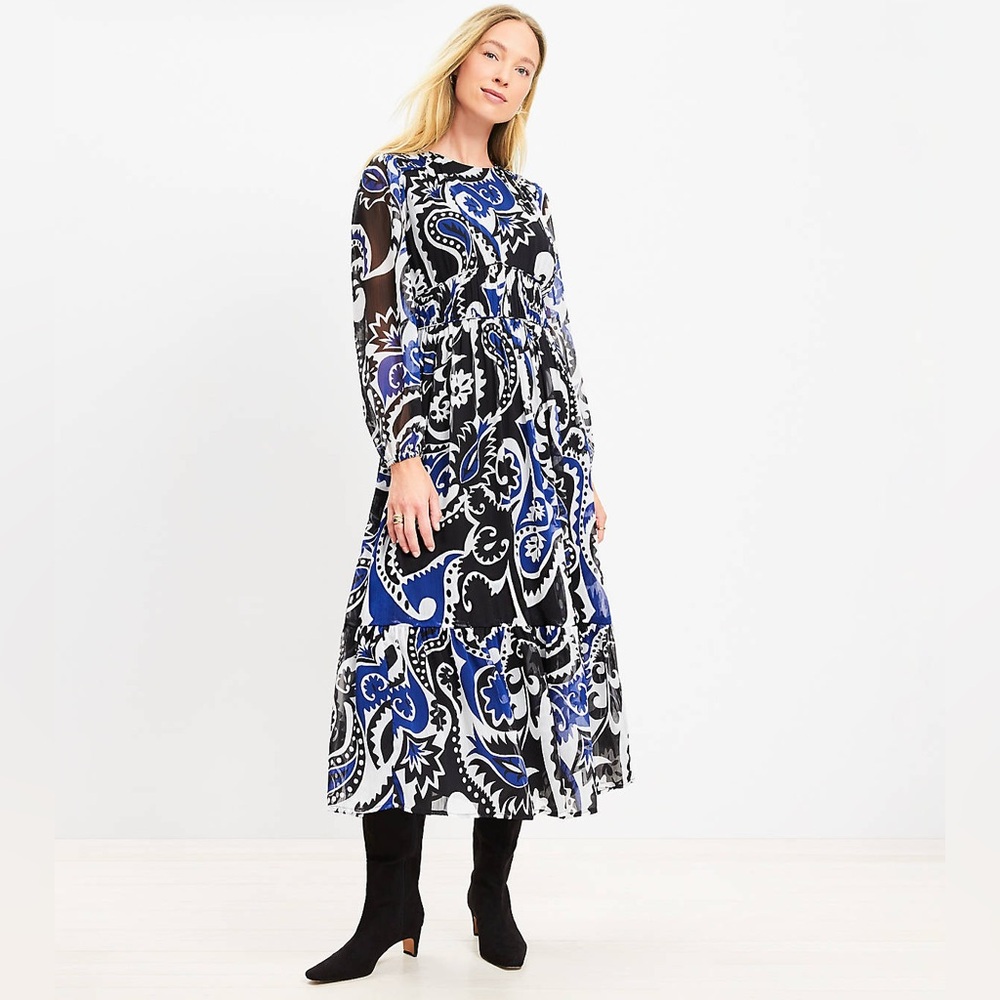 NWOT LOFT Paisley Shirred Flounce Midi Dress Blue Multi Romantic